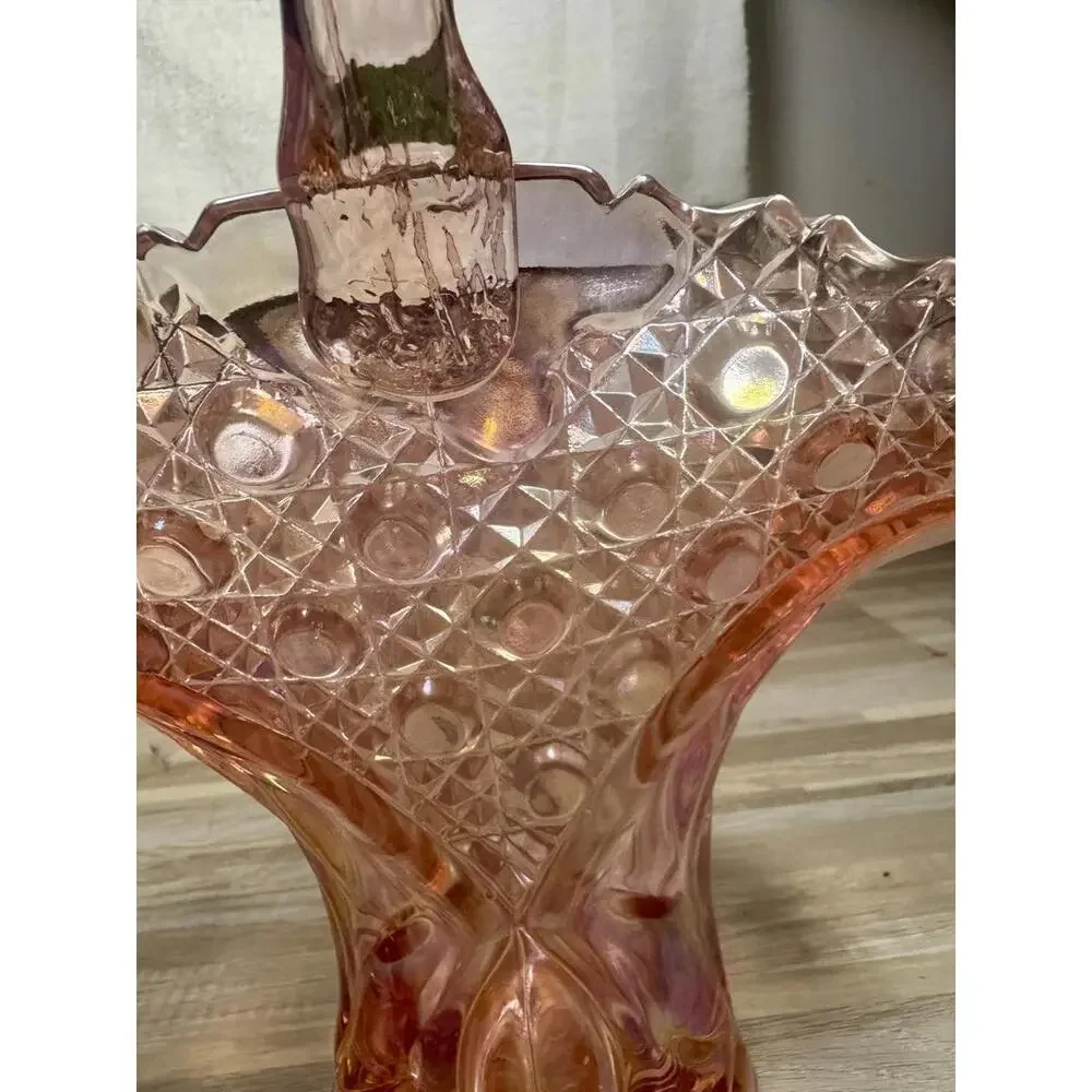 Vintage Pink Carnival Glass Basket Iridescent Hobnail Art Mid Century Decorative